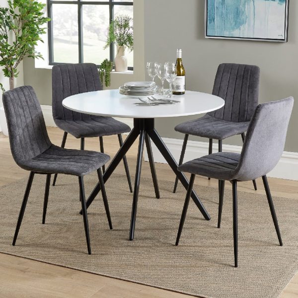 Arta Round White Wooden Dining Table 4 Dark Grey Straight Chairs | Bed Sava