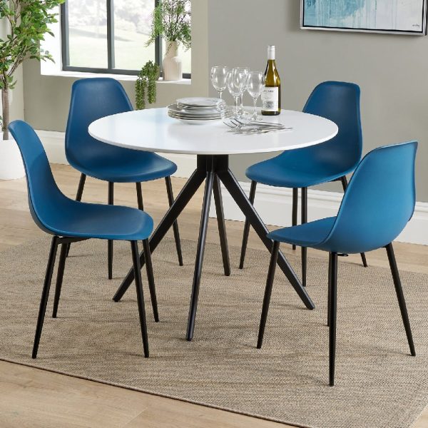 Arta Round White Wooden Dining Table 4 Duo Plastic Blue Chairs | Bed Sava
