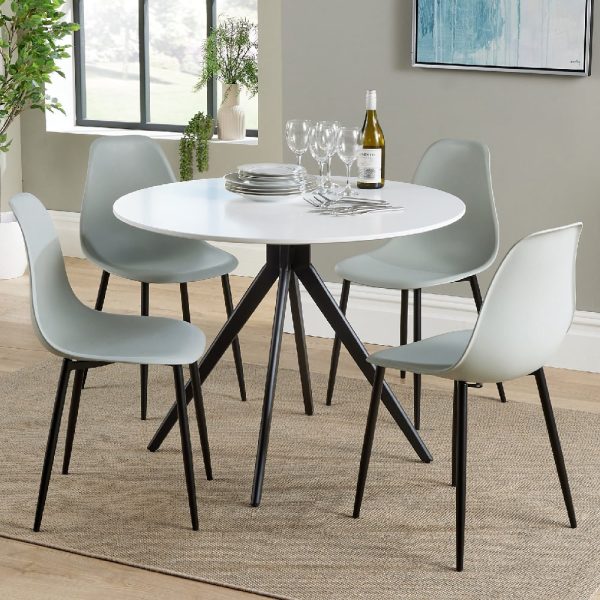 Arta Round White Wooden Dining Table 4 Duo Plastic Grey Chairs | Bed Sava