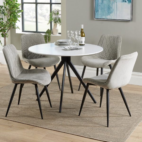 Arta Round White Wooden Dining Table 4 Light Grey Diamond Chairs | Bed Sava