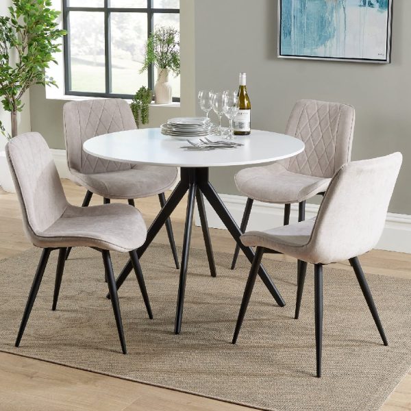 Arta Round White Wooden Dining Table 4 Natural Diamond Chairs | Bed Sava