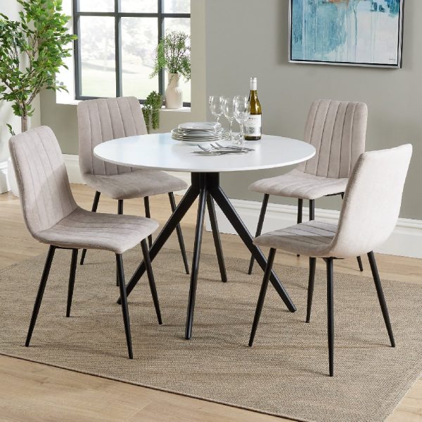 Arta Round White Wooden Dining Table 4 Natural Straight Chairs | Bed Sava