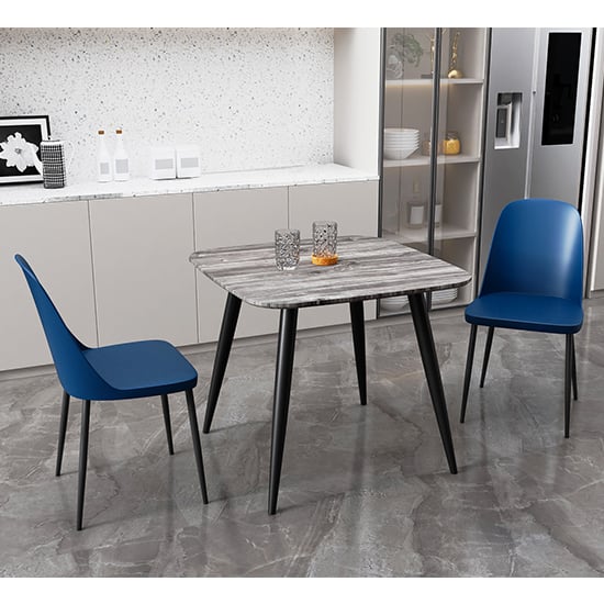 Arta Square Grey Wooden Dining Table 2 Curve Plastic Blue Chairs
