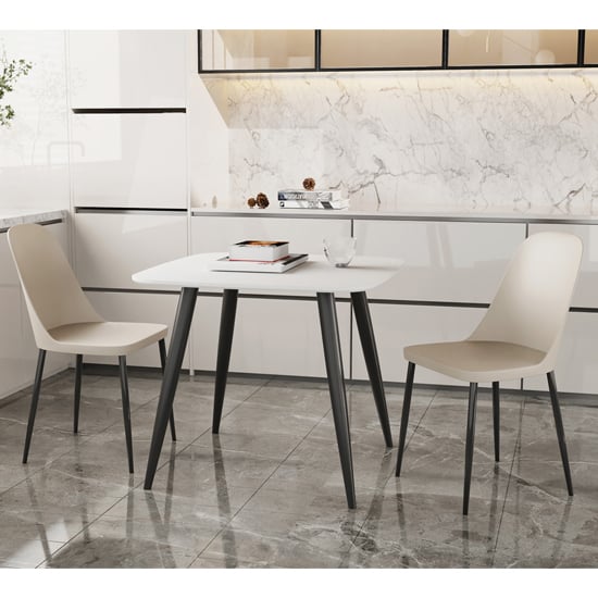 Arta Square White Wooden Dining Table 2 Curve Calico Chairs