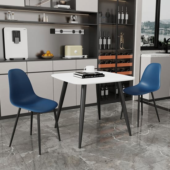 Arta Square White Wooden Dining Table 2 Duo Plastic Blue Chairs