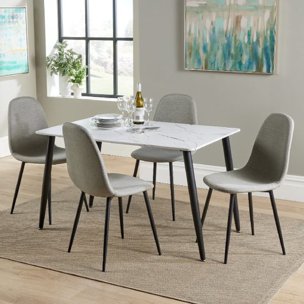 Arta White Marble Effect Dining Table With 4 Fabric Grey Chairs | Bed Sava