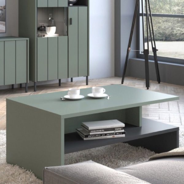 Arthur Wooden Coffee Table With Undershelf In Green Grey | Bed Sava