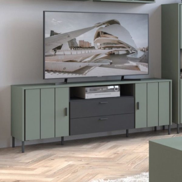 Arthur Wooden Large TV Stand With 2 Doors 2 Drawers In Green Grey | Bed Sava