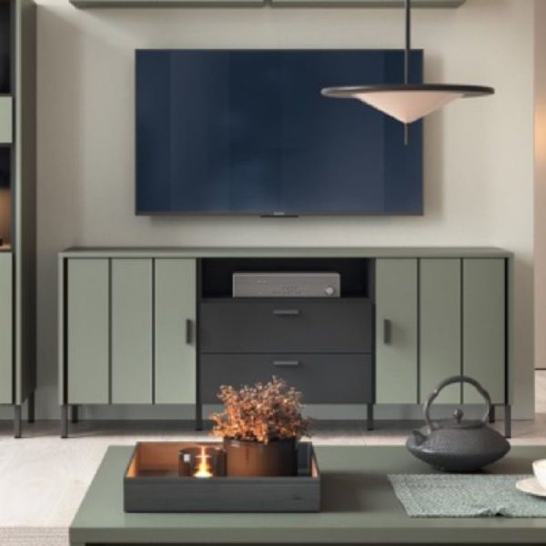 Arthur Wooden Small TV Stand With 2 Doors 2 Drawers In Green Grey | Bed Sava