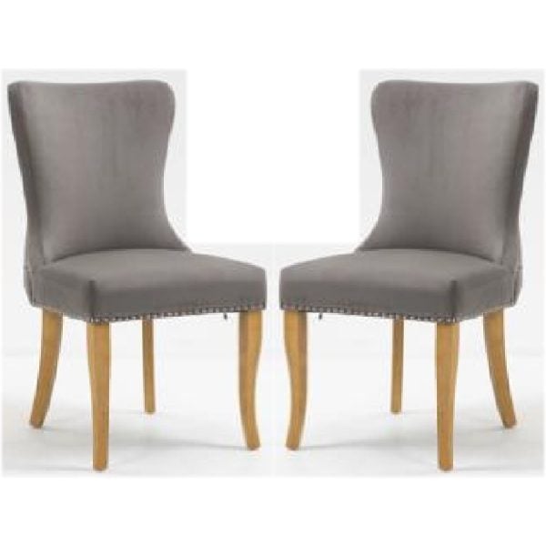 Arvada Steel Grey Velvet Dining Chairs With Oak Legs In Pair | Bed Sava