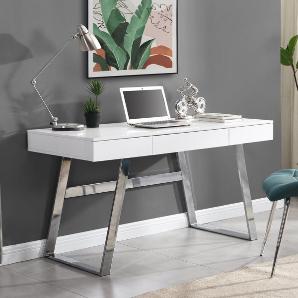 Aspen High Gloss Laptop Desk With 3 Drawers In White | Bed Sava
