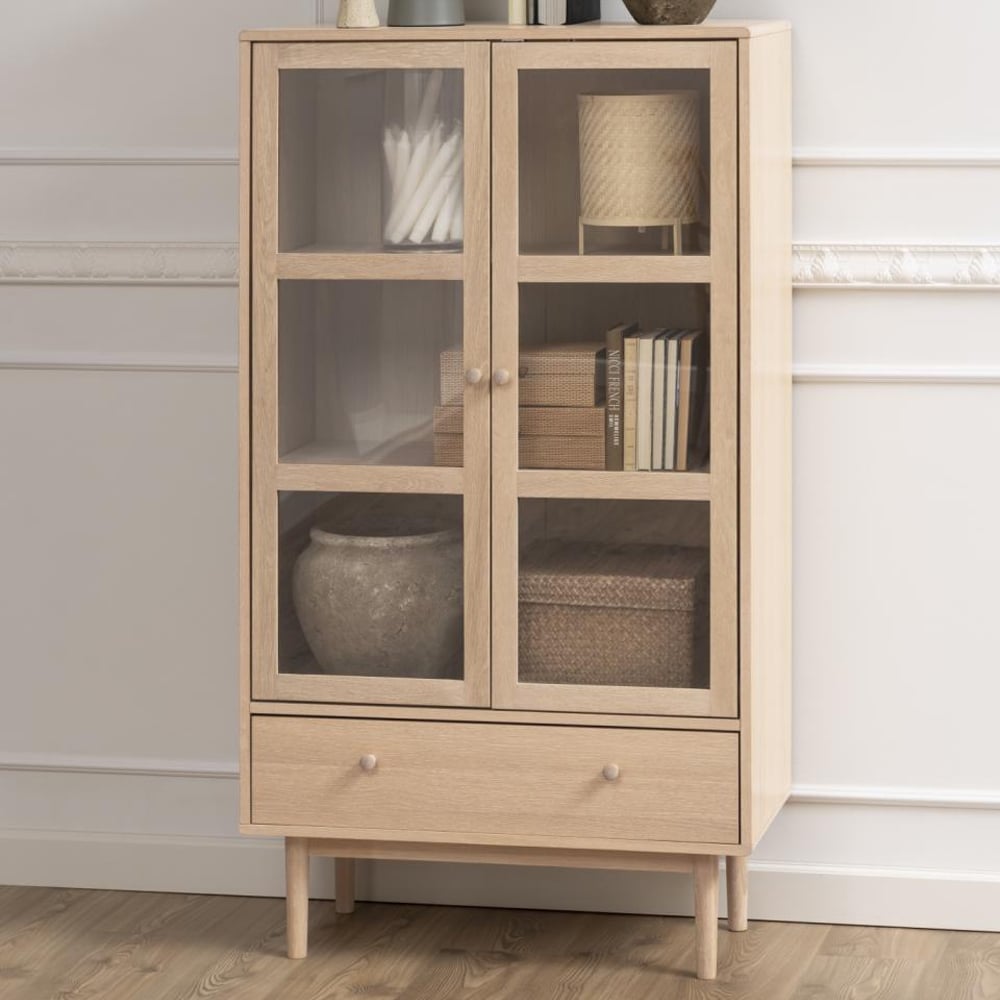 Astonik Wooden Display Cabinet With 2 Doors 1 Drawer In White Oak