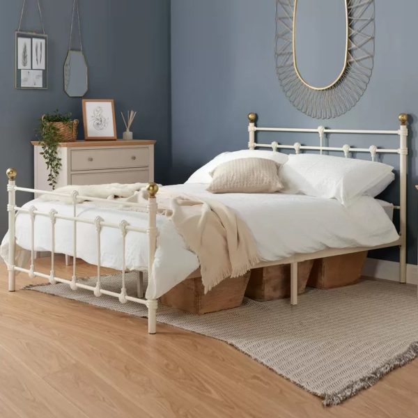 Atalla Metal Small Double Bed In Cream | Bed Sava