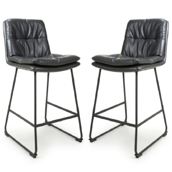 Attica Dark Grey Leather Bar Chairs With Metal Legs In Pair | Bed Sava