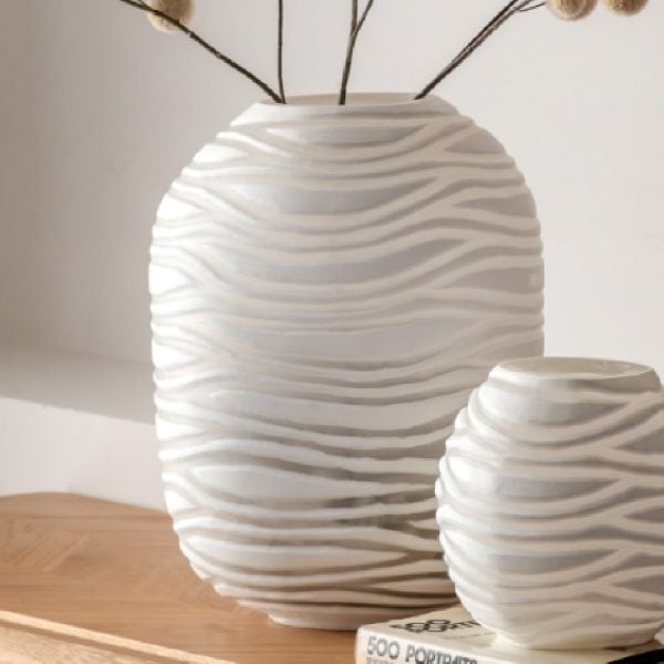 Attica Large Glass Hand Blown Carved Vase In White | Bed Sava