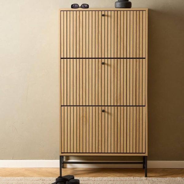 Attica Wooden Shoe Cabinet With 3 Flip Doors In Oak And Matt Black | Bed Sava