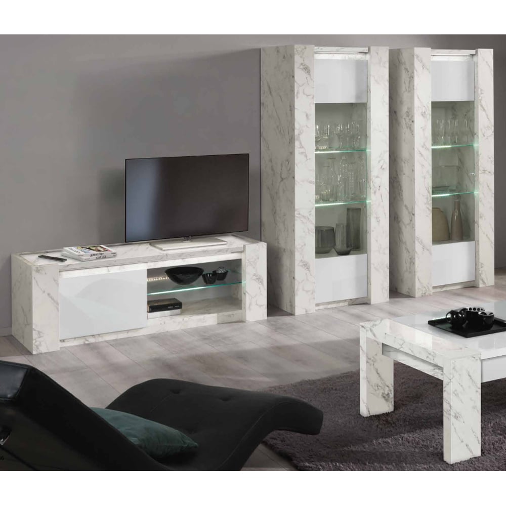 Attoria Living Room Set With Display Cabinet In White And LED
