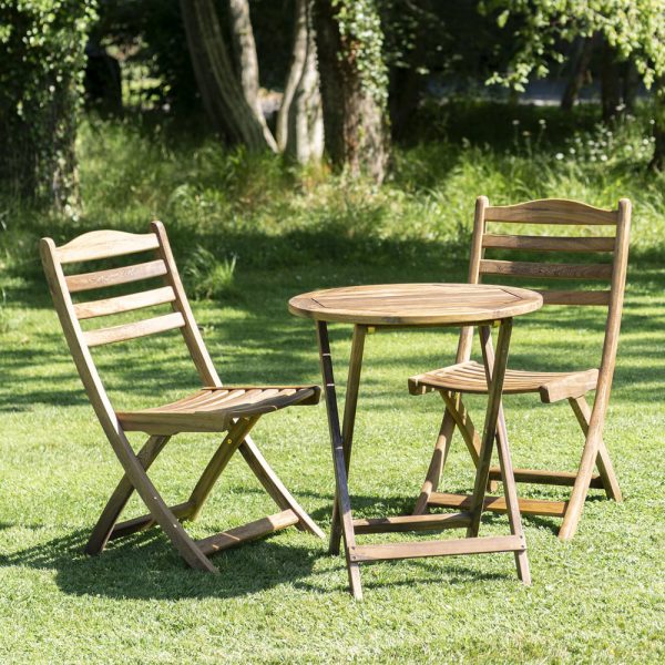 Atwater Wooden Garden Folding Tea Table With 2 Chairs In Natural | Bed Sava