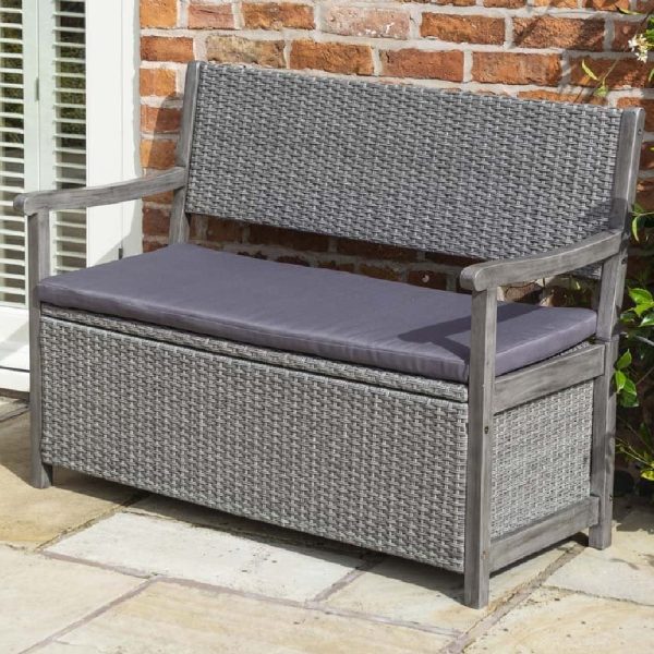 Auchinleck Rattan Garden Storage Seating Bench In Grey | Bed Sava