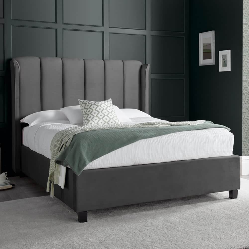 Augusta Velvet Ottoman Storage Double Bed In Grey