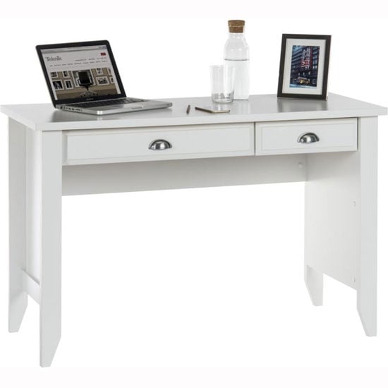 Laramie Wooden Laptop Desk With 2 Drawers In Soft White | Bed Sava