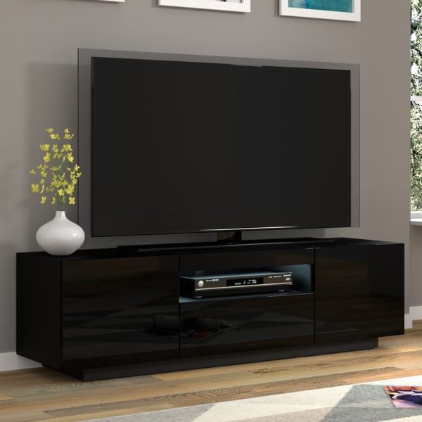 Aurora High Gloss TV Stand With 3 Doors In Black And LED | Bed Sava