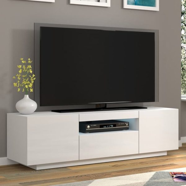 Aurora High Gloss TV Stand With 3 Doors In White And LED | Bed Sava