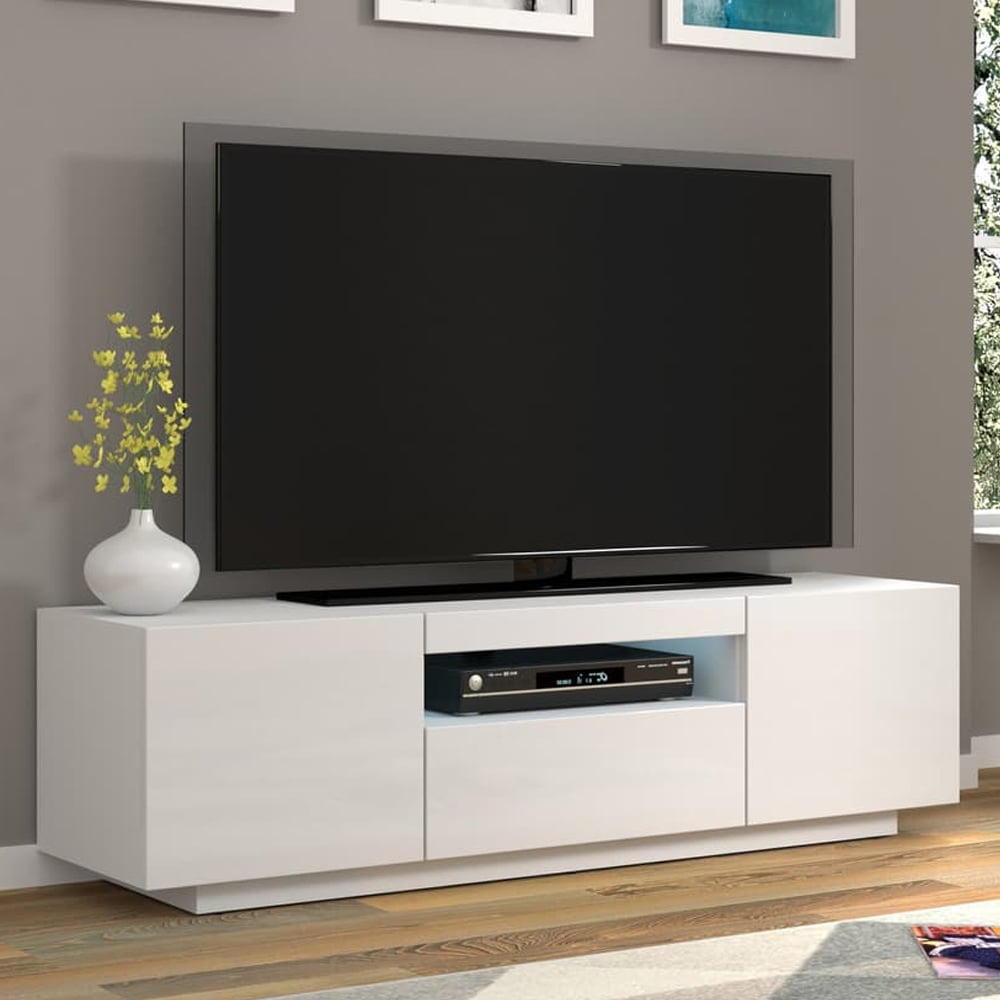 Aurora High Gloss TV Stand With 3 Doors In White And LED