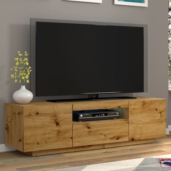 Aurora Wooden TV Stand With 3 Doors In Artisan Oak And LED | Bed Sava