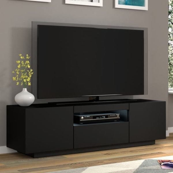 Aurora Wooden TV Stand With 3 Doors In Matt Black And LED | Bed Sava