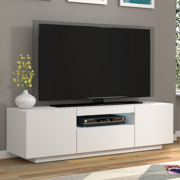 Aurora Wooden TV Stand With 3 Doors In Matt White And LED | Bed Sava