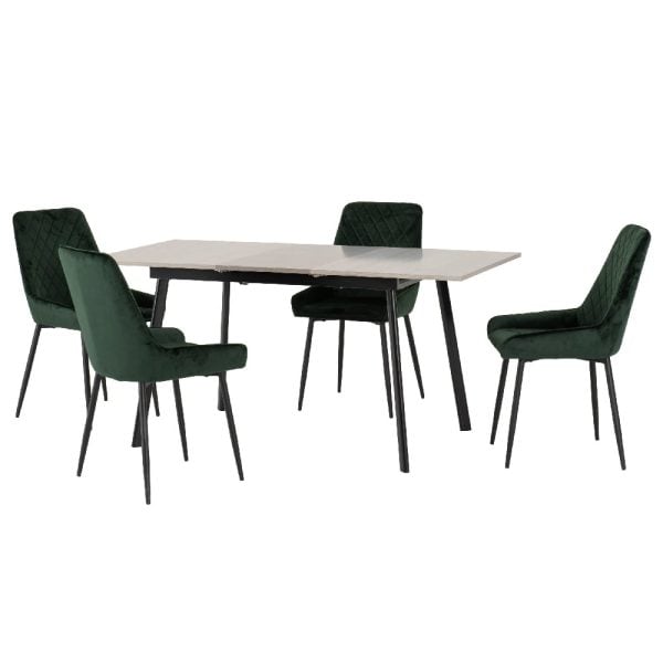 Avah Extending Concrete Dining Table With 4 Green Chairs | Bed Sava