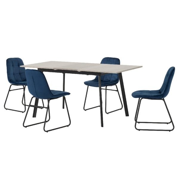 Avah Extending Concrete Dining Table With 4 Lyster Blue Chairs | Bed Sava