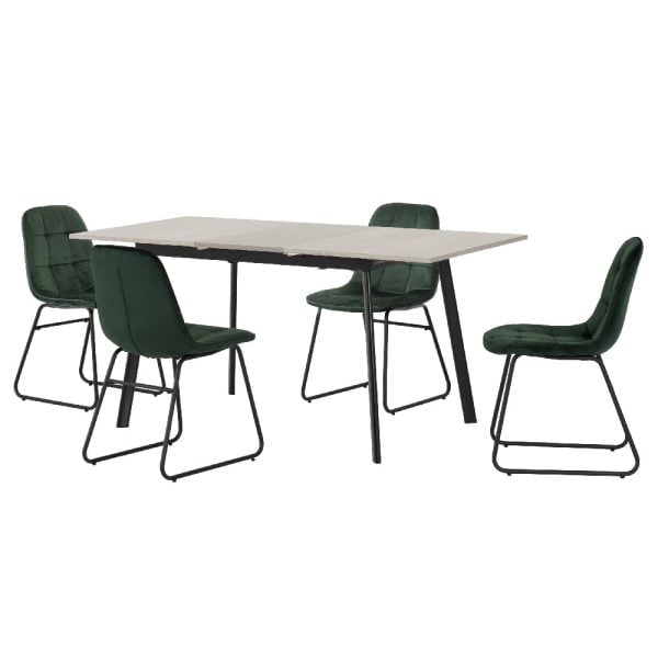 Avah Extending Concrete Dining Table With 4 Lyster Green Chairs | Bed Sava