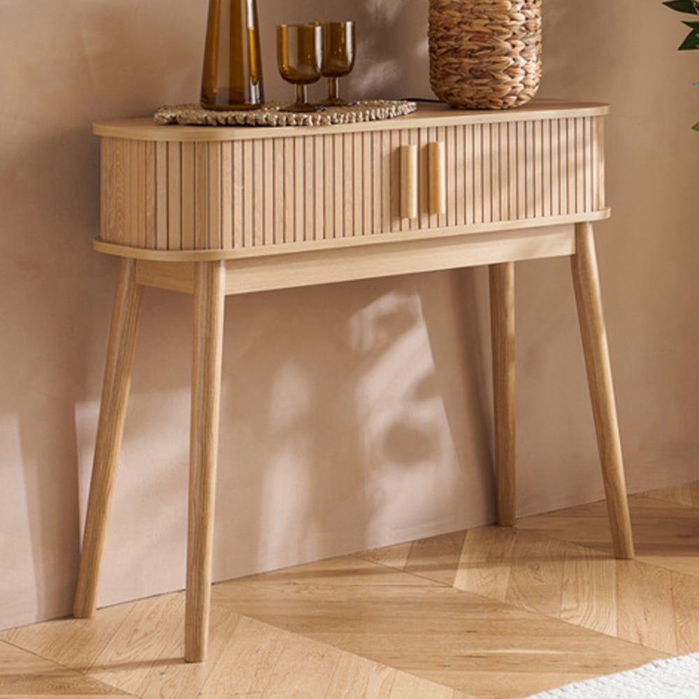 Avenel Wooden Console Table With 2 Sliding Doors In Oak
