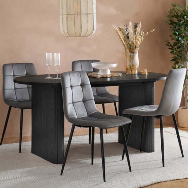 Avenel Wooden Oval Dining Table With 4 Grey Chairs In Black | Bed Sava