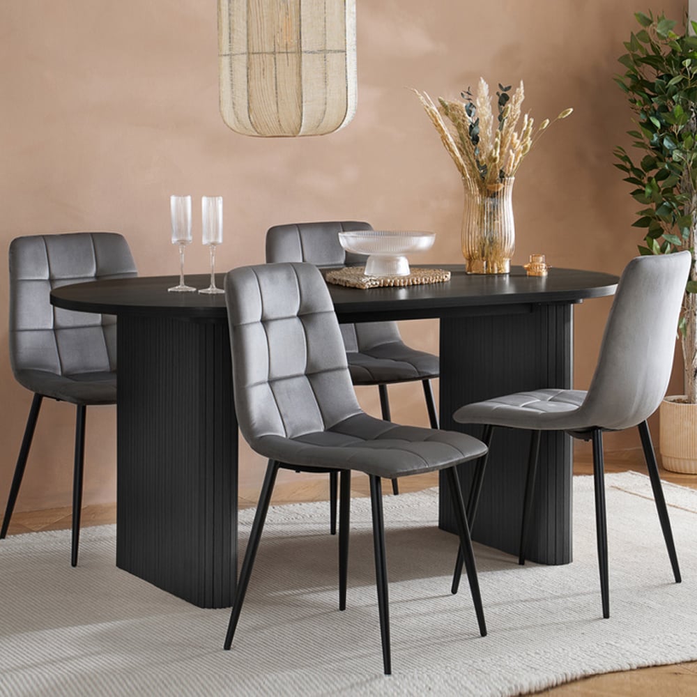 Avenel Wooden Oval Dining Table With 4 Grey Chairs In Black