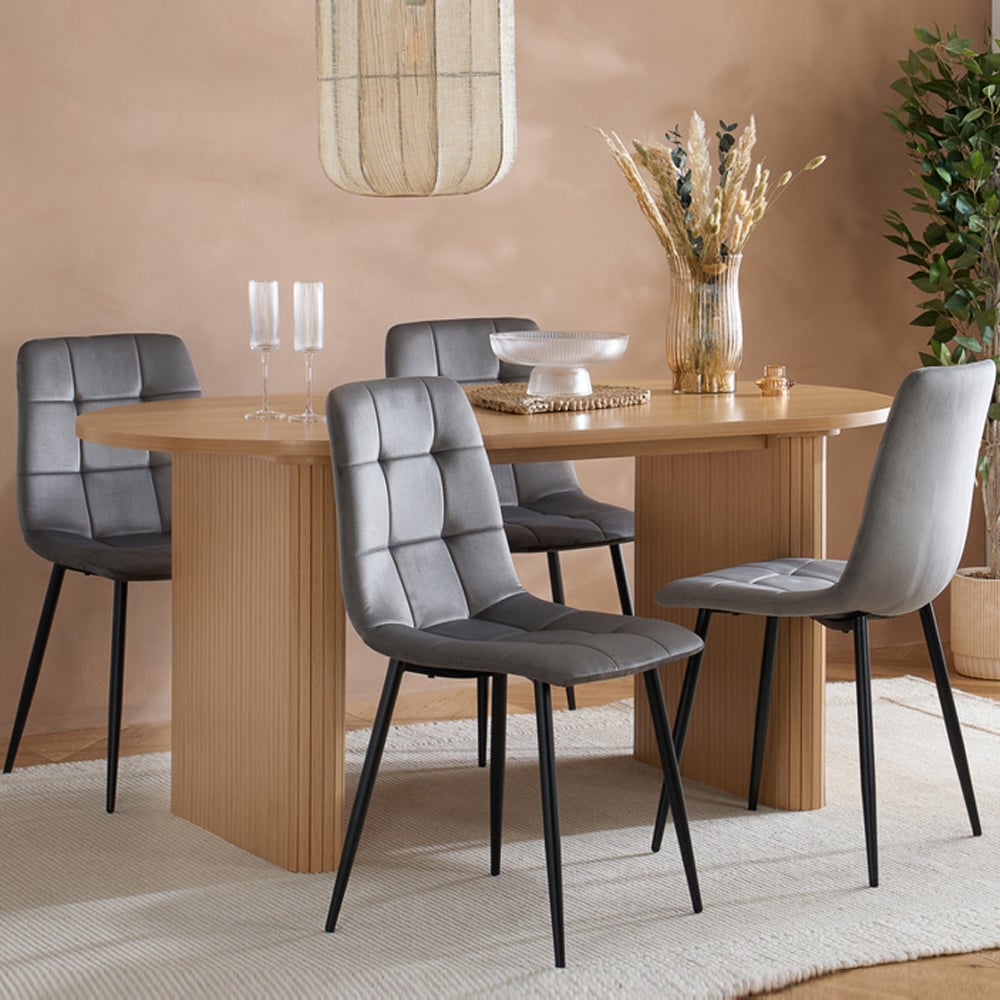 Avenel Wooden Oval Dining Table With 4 Grey Chairs In Oak