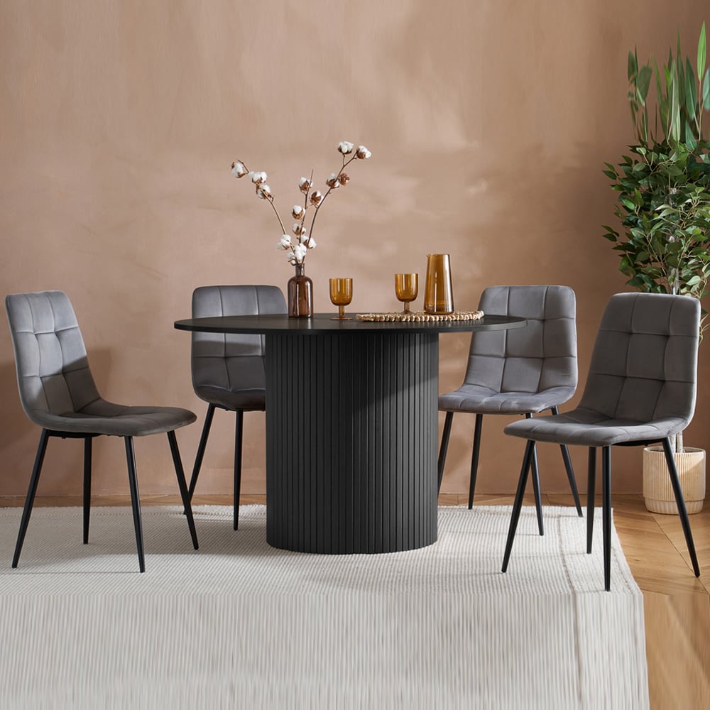 Avenel Wooden Round Dining Table With 4 Grey Chairs In Black