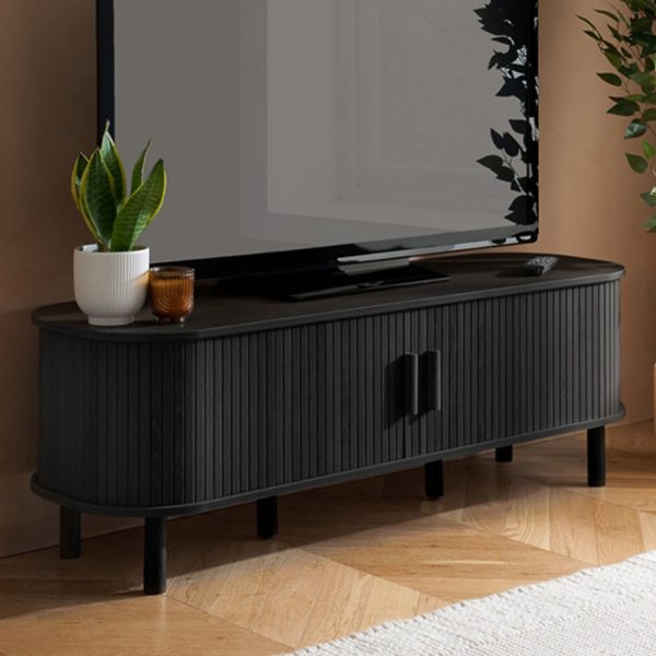 Avenel Wooden TV Stand With 2 Sliding Doors In Black | Bed Sava