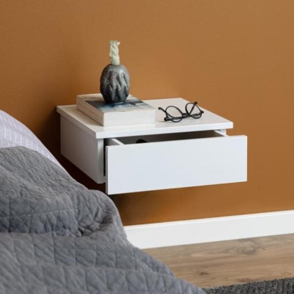 Aviana Wall Hung Wooden Bedside Cabinet With 1 Drawer In White | Bed Sava