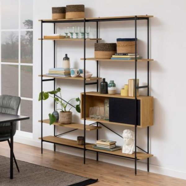 Avila Wooden Bookcase With 1 Sliding Door In Oak And Ash Black | Bed Sava