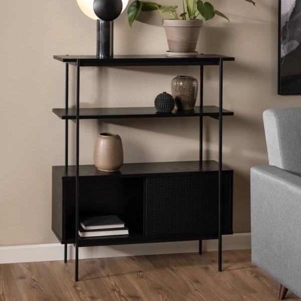 Avila Wooden Bookcase With 2 Sliding Doors In Ash Black | Bed Sava