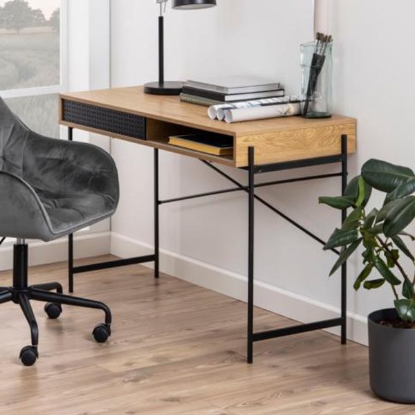 Avila Wooden Laptop Desk With 1 Sliding Door In Oak And Ash Black | Bed Sava
