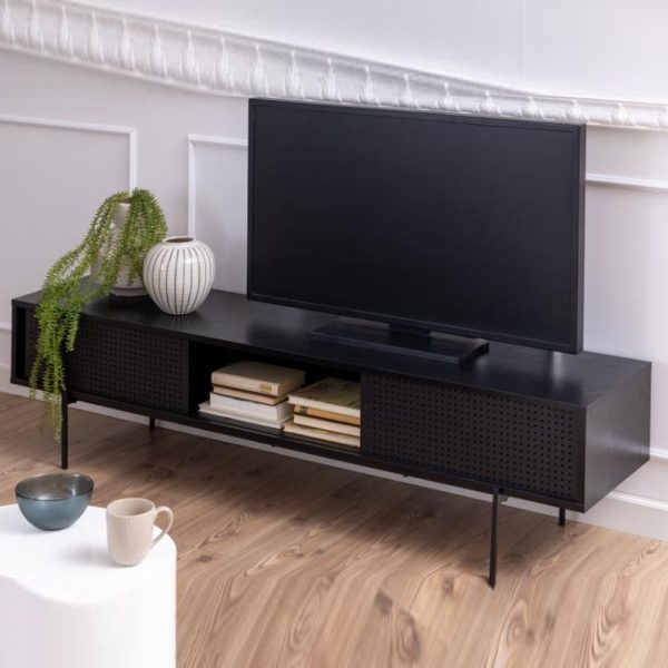 Avila Wooden TV Stand With 2 Sliding Doors In Ash Black | Bed Sava