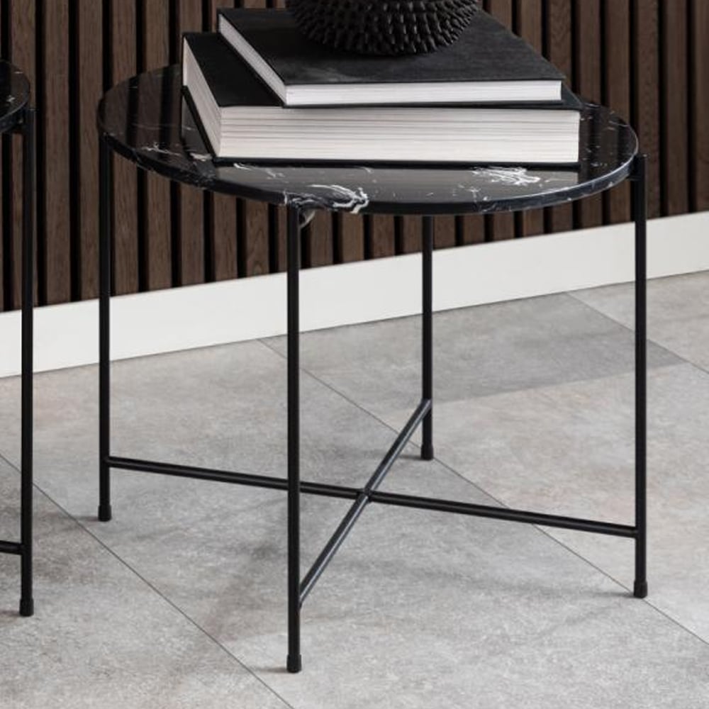 Avilla Large Marble Stone Round Side Table In Black
