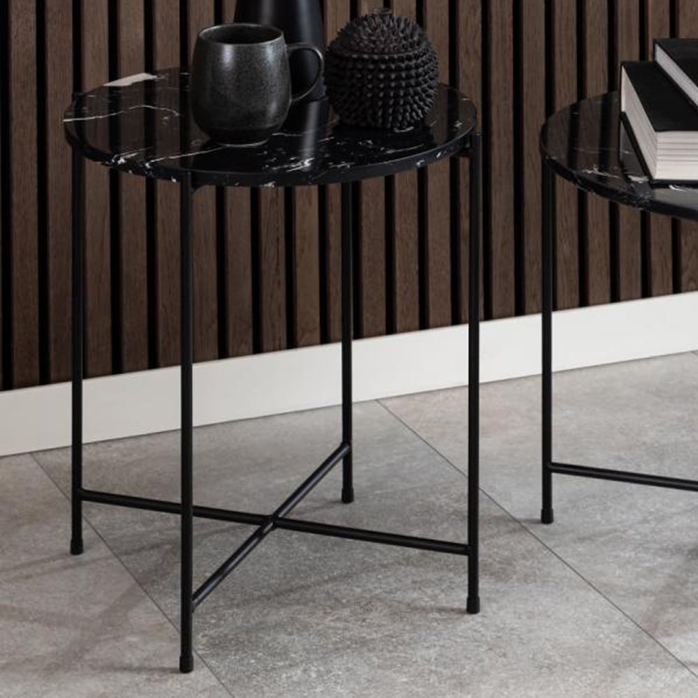 Avilla Small Marble Stone Round Side Table In Black