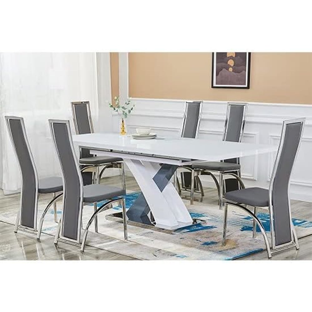 Axara Large Extending Grey Dining Table 6 Gia Grey White Chairs