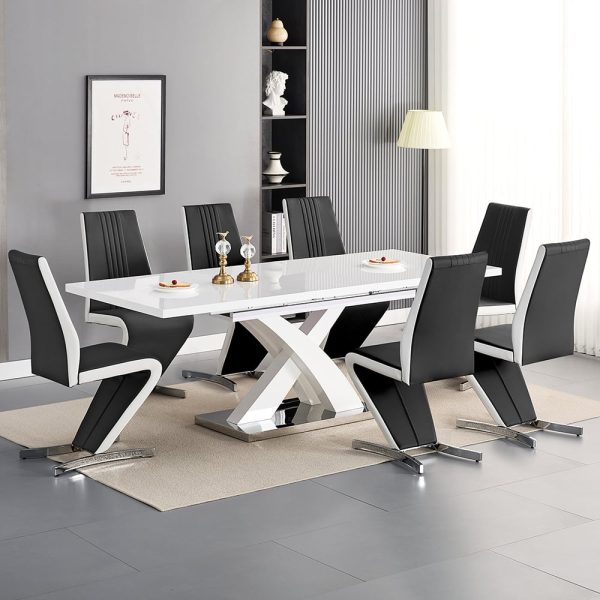 Axara Large Extending White Dining Table 8 Gia Black White Chairs | Bed Sava