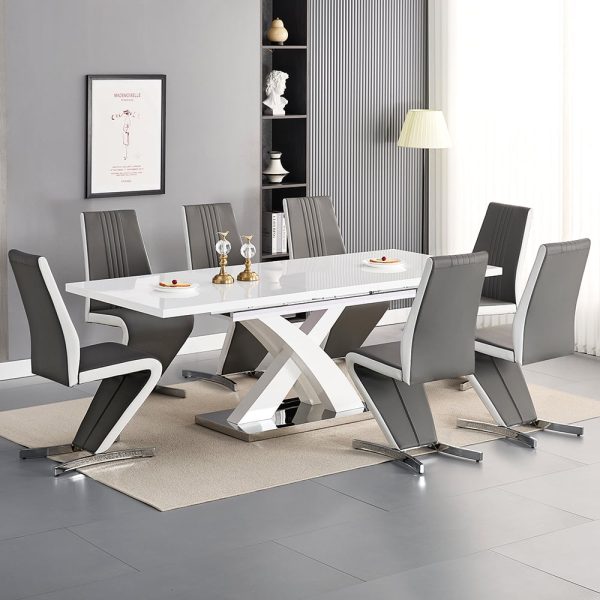Axara Large Extending White Dining Table 8 Gia Grey White Chairs | Bed Sava